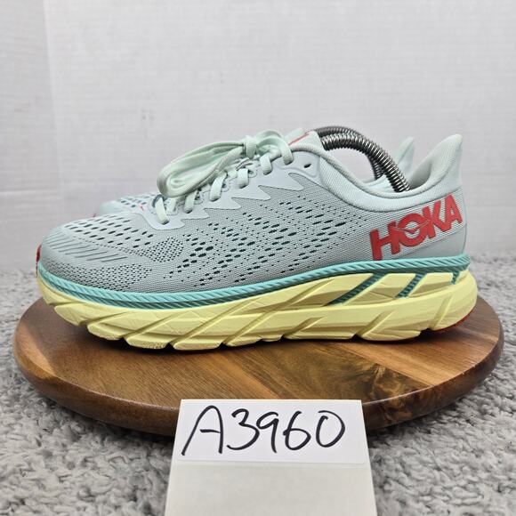 Hoka One One Women 9.5D Wide Clifton 7 Morning Mist Hot Coral Daily Running Shoe - Picture 1 of 13